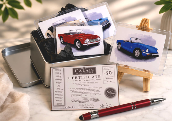 Calais Motor Collection classic-car art cards with numbered certificate and presentation tin